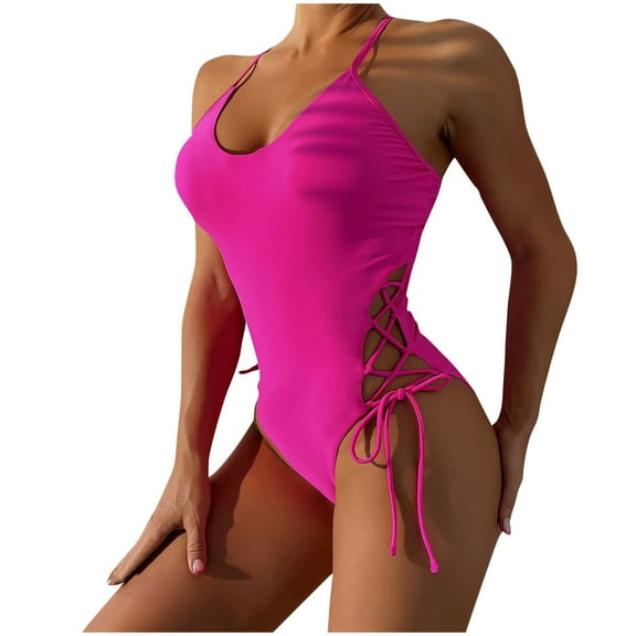Uaswgudfs Women's Form-Fitting One-Piece Swimsuit with Crossover Strap Details and Unique Side Cutouts for a Stylish Beach or Pool Day Hot Pink L