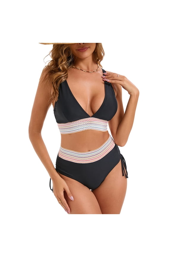 Women's Form-Fitting One-Piece Swimsuit with V-Neckline and Wavy Waistband for a Flattering Poolside Silhouette Black 2XL