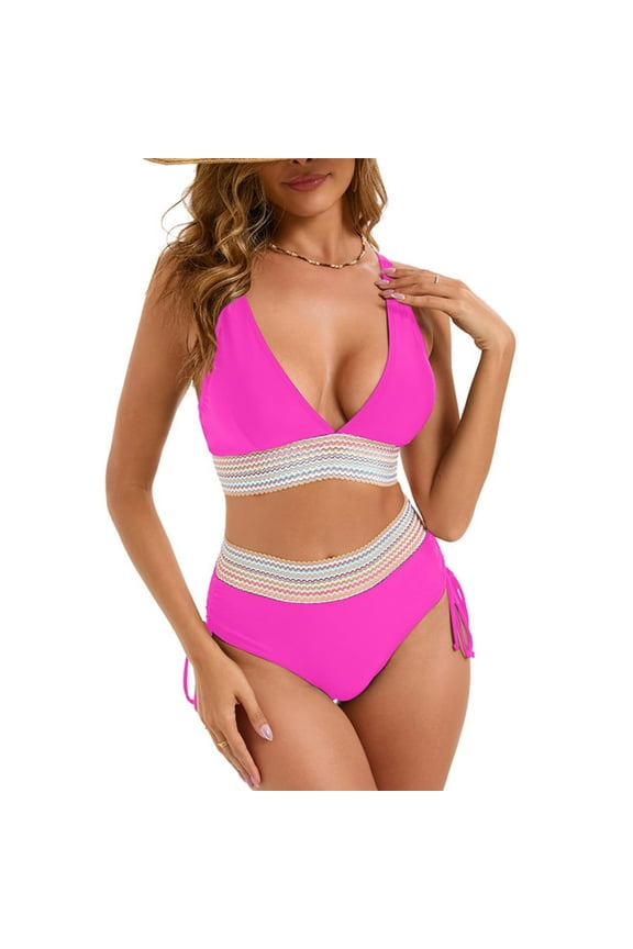 Women's Form-Fitting One-Piece Swimsuit with V-Neckline and Wavy Waistband for a Flattering Poolside Silhouette Hot Pink 2XL