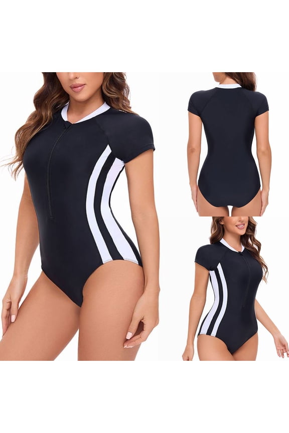 Women's Form-Fitting One-Piece Swimsuit with Zip Front and Dynamic Side Stripes, Perfect for a Dip in the Pool Black L