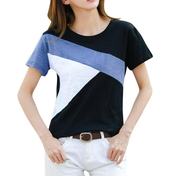 Uaswgudfs Women's Geometric Color-Block Short Sleeve T-Shirt: Round Neck Summer Top with Soft Breathable Cotton Blend & Modern Casual Style Blue L