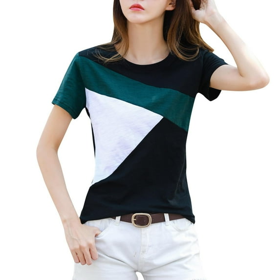 Uaswgudfs Women's Geometric Color-Block Short Sleeve T-Shirt: Round Neck Summer Top with Soft Breathable Cotton Blend & Modern Casual Style Green S