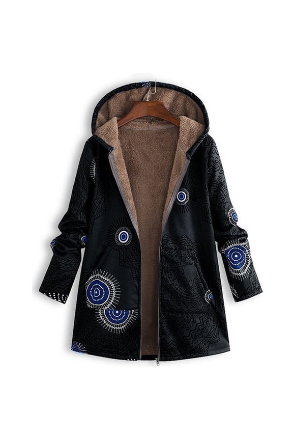 ​Women's Geometric Print Winter Coat - Mid Length Insulated Faux Fur Hood Multi-Pocket Design