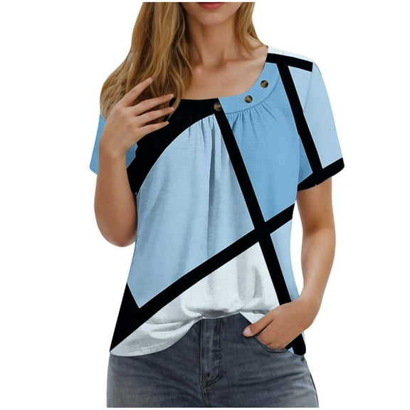 Uaswgudfs Women's Going Out Blouse - Colorblock Short Sleeve Round Neck Casual Loose Summer Tee Top 2025
