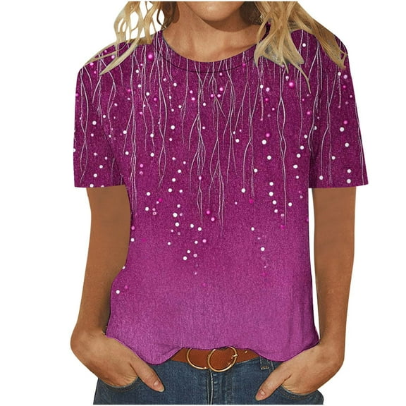 Uaswgudfs Women's Gradient Color Casual Half-Sleeve Crew Neck Tee Blouse - 2025 Summer Collection T-Shirt Y2K Top