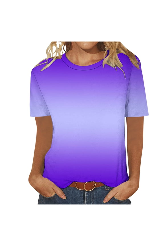 Women's Gradient Color Casual Short Sleeve Crew Neck Work Tee Blouse - 2025 Summer Collection T-Shirt Y2K Top