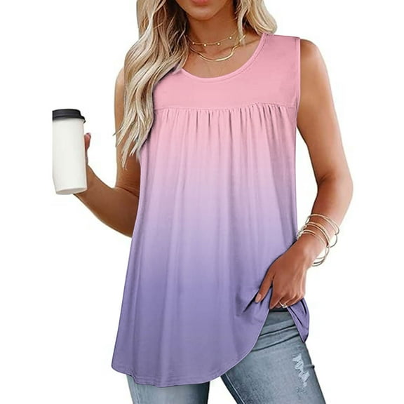Uaswgudfs Women's Gradient Color Crew Neck Summer Tank Tops - Casual Sleeveless Loose Fit Blouses, Flowy Tunics Tops