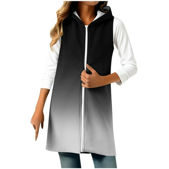 Uaswgudfs Women's Gradient Fleece Hooded Vest Casual Loose Sleeveless Split Hem Mid-Length Outerwear Jacket Black M