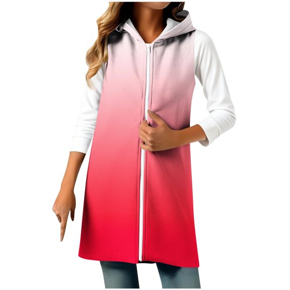 Uaswgudfs Women's Gradient Fleece Hooded Vest Casual Loose Sleeveless Split Hem Mid-Length Outerwear Jacket Pink M