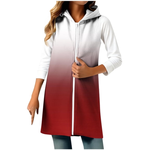 Uaswgudfs Women's Gradient Fleece Hooded Vest Casual Loose Sleeveless Split Hem Mid-Length Outerwear Jacket Red S