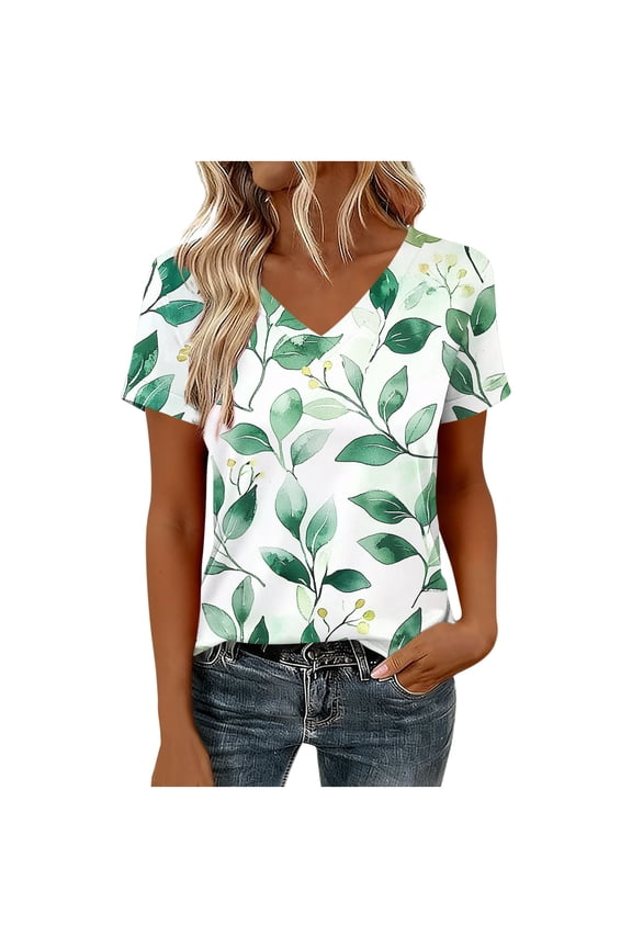Women's Green Leaf Print V Neck Short Sleeve Tops Casual Summer Blouses Fashion T Shirts for Daily Outings Green L