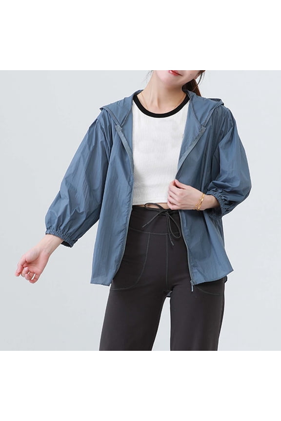 Women's Half Sleeve Hooded Jacket Lightweight Casual Solid Color Zip Up Summer Spring Beach Cover Up with Puff Sleeves