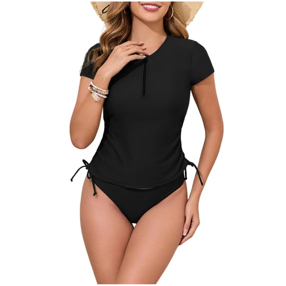 Uaswgudfs Women's Half Zip Short Sleeve Rash Guard, Side Tie Drawstring Two Piece Tankini Bathing Suit Black L