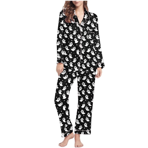 Uaswgudfs Women's Halloween Print Flannel Pajama Set - Cozy Button-Up Shirt & Straight-Leg Pants for Festive Loungewear Black-A 2XL