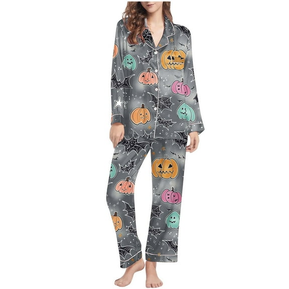 Uaswgudfs Women's Halloween Print Flannel Pajama Set - Cozy Button-Up Shirt & Straight-Leg Pants for Festive Loungewear Gray M