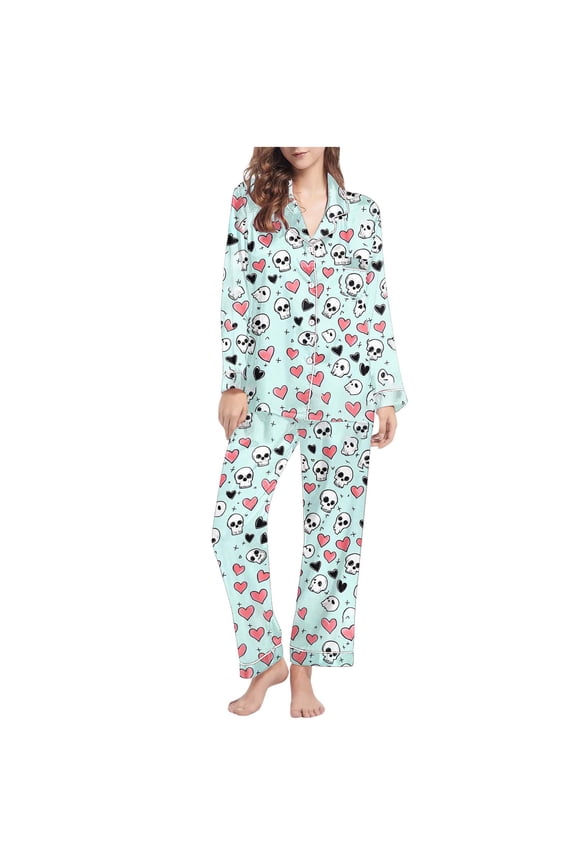 Women's Halloween Print Flannel Pajama Set - Cozy Button-Up Shirt & Straight-Leg Pants for Festive Loungewear Light Blue-A S
