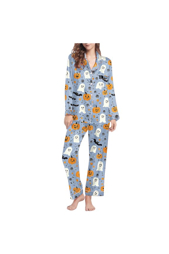 Women's Halloween Print Flannel Pajama Set - Cozy Button-Up Shirt & Straight-Leg Pants for Festive Loungewear Light Blue-B XL