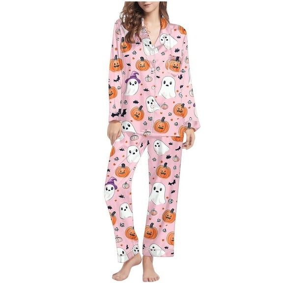 Uaswgudfs Women's Halloween Print Flannel Pajama Set - Cozy Button-Up Shirt & Straight-Leg Pants for Festive Loungewear Pink S