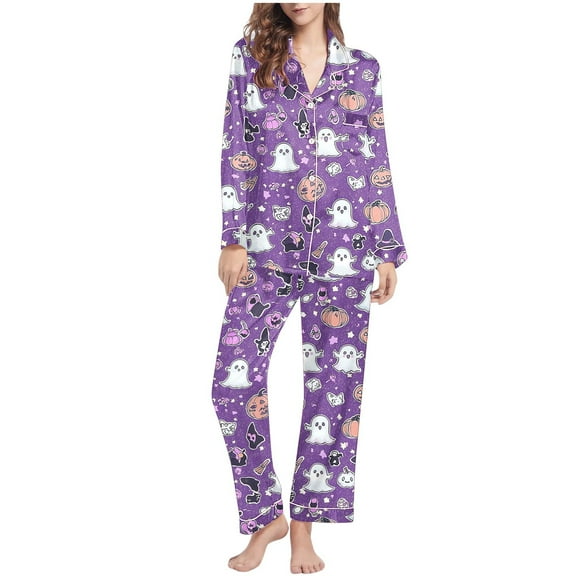 Uaswgudfs Women's Halloween Print Flannel Pajama Set - Cozy Button-Up Shirt & Straight-Leg Pants for Festive Loungewear Purple-B M