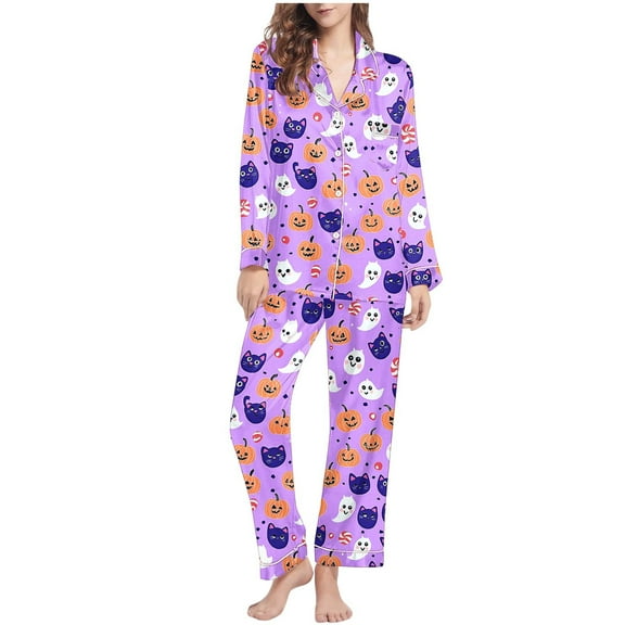 Uaswgudfs Women's Halloween Print Flannel Pajama Set - Cozy Button-Up Shirt & Straight-Leg Pants for Festive Loungewear Purple-C S