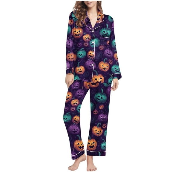 Uaswgudfs Women's Halloween Print Flannel Pajama Set - Cozy Button-Up Shirt & Straight-Leg Pants for Festive Loungewear Purple S
