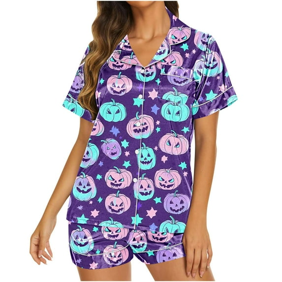 Uaswgudfs Women's Halloween Satin Pajama Set - Short Sleeve Button-Down with Ghost & Pumpkin Print for Festive Autumn Nights Purple-C M