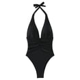 thumbnail image 1 of Uaswgudfs Women's Halter Deep V One Piece Swimsuit Backless Ruched Tummy Control High Cut Bathing Suit with Built-in Bra Pads Black L, 1 of 5