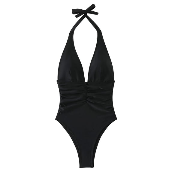 Uaswgudfs Women's Halter Deep V One Piece Swimsuit Backless Ruched Tummy Control High Cut Bathing Suit with Built-in Bra Pads Black L