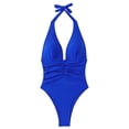 thumbnail image 1 of Uaswgudfs Women's Halter Deep V One Piece Swimsuit Backless Ruched Tummy Control High Cut Bathing Suit with Built-in Bra Pads Blue XL, 1 of 5