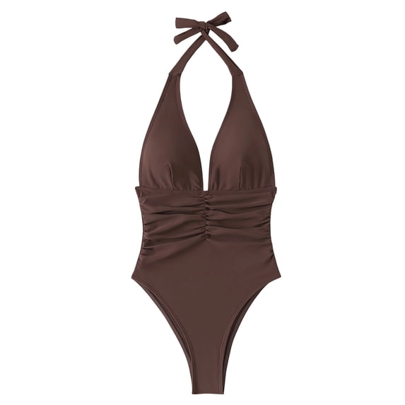 Uaswgudfs Women's Halter Deep V One Piece Swimsuit Backless Ruched Tummy Control High Cut Bathing Suit with Built-in Bra Pads Brown S