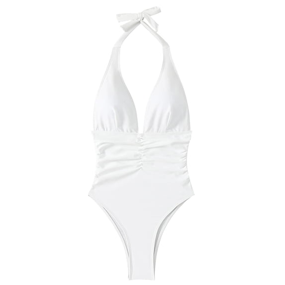 Uaswgudfs Women's Halter Deep V One Piece Swimsuit Backless Ruched Tummy Control High Cut Bathing Suit with Built-in Bra Pads White M