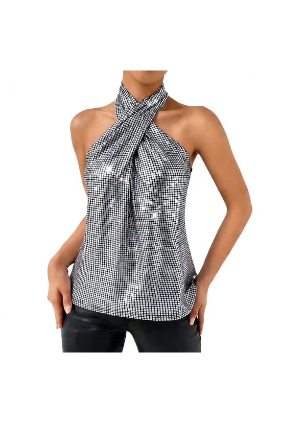 Women's Halter Neck Sparkly Sequin Off Shoulder Party Top Glitter Camisole Trendy Night Out Silver M
