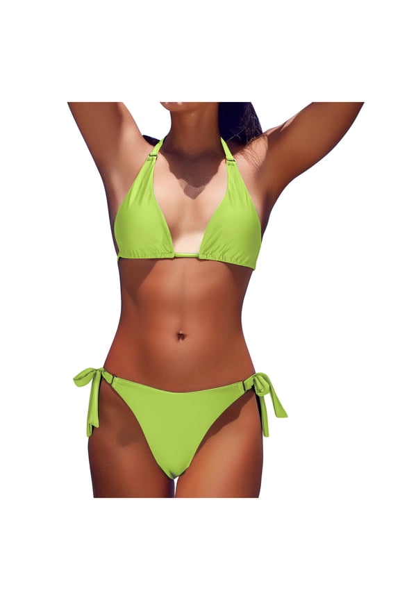 Women's Halter-Neck Triangle Bikini Set Swimwear with Low-Rise Tie-Side Bottoms – Adjustable Straps and Form-Fitting Stretch Fabric Swimsuit Mint Green 2XL