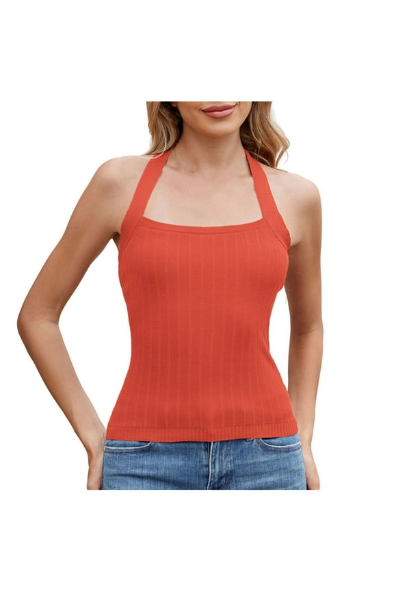 Women's Halter Top Deep Crew Neck Low Cut Racerback Basic Tank Top for Women Workout Cotton Ribbed Knit Fitted Sleeveless Cami Shirt