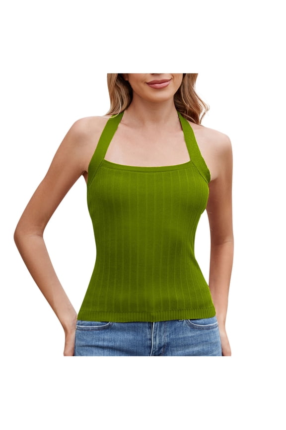 Women's Halter Top Deep Crew Neck Low Cut Racerback Basic Tank Top for Women Workout Cotton Ribbed Knit Fitted Sleeveless Cami Shirt