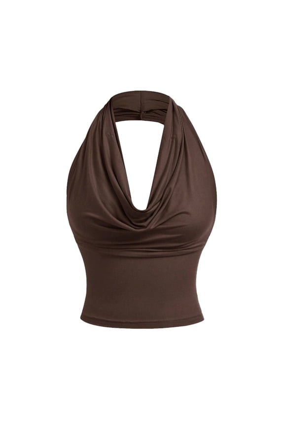 Women's Halter V - neck Bodycon Cami, Sleeveless Strapless Tank Top, Soft Stretchy Summer Casual Essential Brown XL