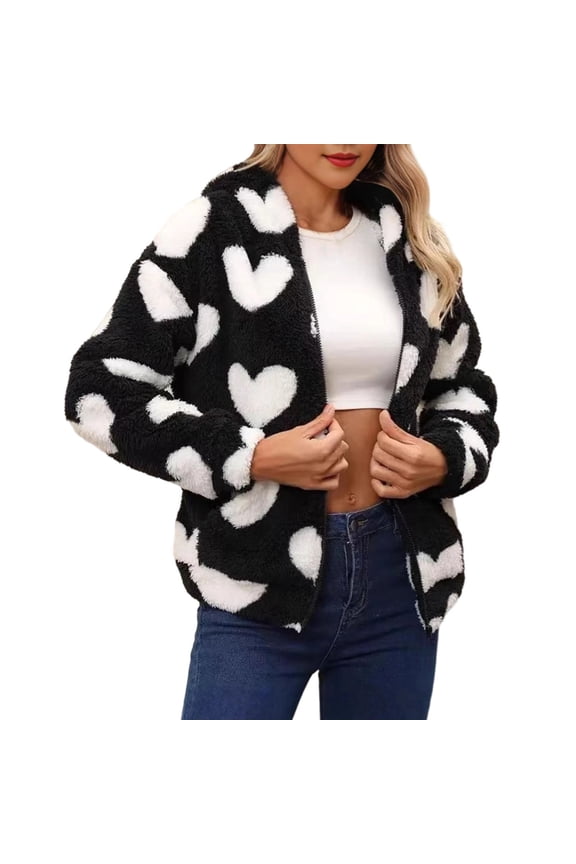 Women's Heart Print Plush Fleece Winter Jacket - Full Zip Closure Cozy Casual Outerwear for Daily Wear