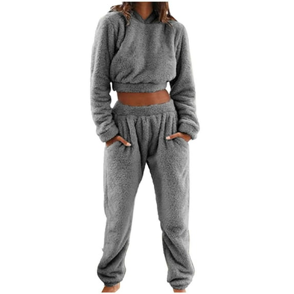 Uaswgudfs Women's Heavy Cotton Hooded Pajama Set Soft Puffy Fashion Top with Warm Pants,with Pocket