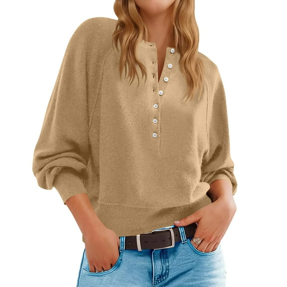 Uaswgudfs Women's Henley Neck Button Front Sweater, Balloon Long Sleeve Solid Color Knit Top for Casual Daily, Office & Weekend Outfits