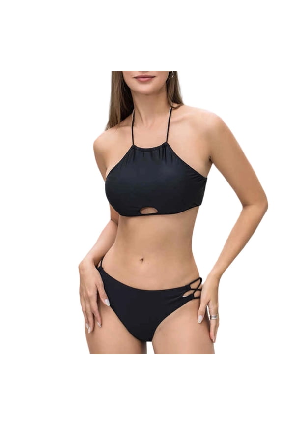 Women's High Neck Halter Bikini Set Cutout Two Piece Swimsuit Side Lace-Up Triangle Bottoms Bathing Suit for Beach Pool Summer Black XL