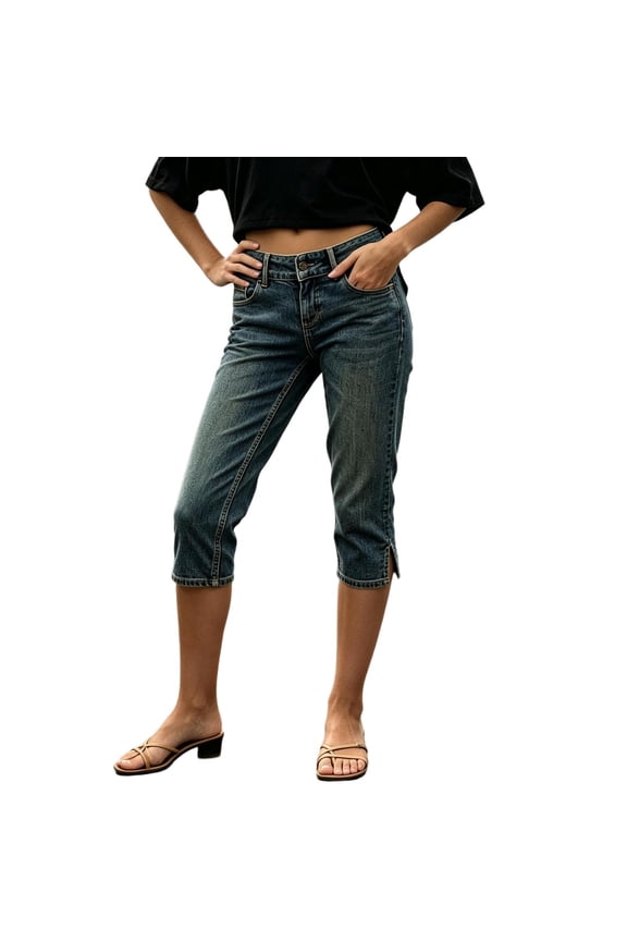 Women's High Rise Straight Leg Capri Jeans with Side Slit Button Fly Pockets Casual Denim Pants for Summer Daily Wear