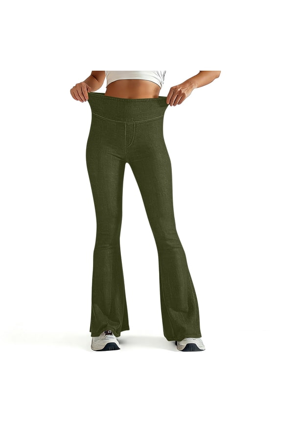 Women's High Waist Stretch Denim Flare Leggings Casual Workout Yoga Pants Plus Size Tummy Control Green L