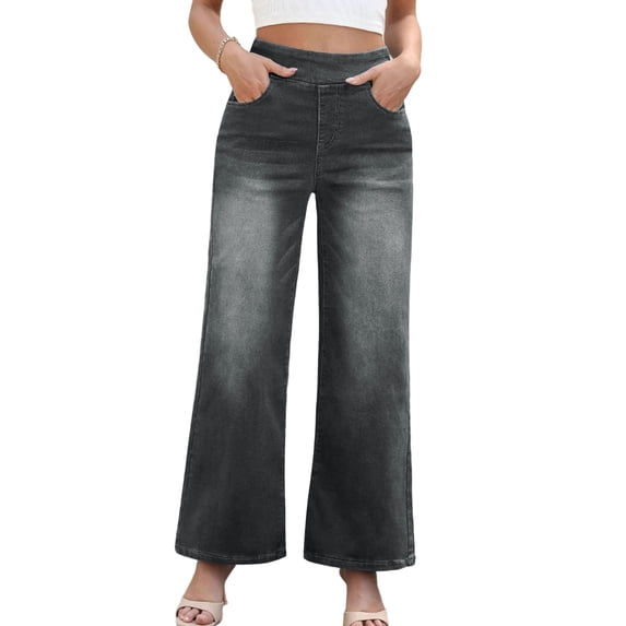 Uaswgudfs Women's High Waist Wide Leg Jeans Stretchy Denim Straight Leg Casual Pants for Daily Wear Black XS