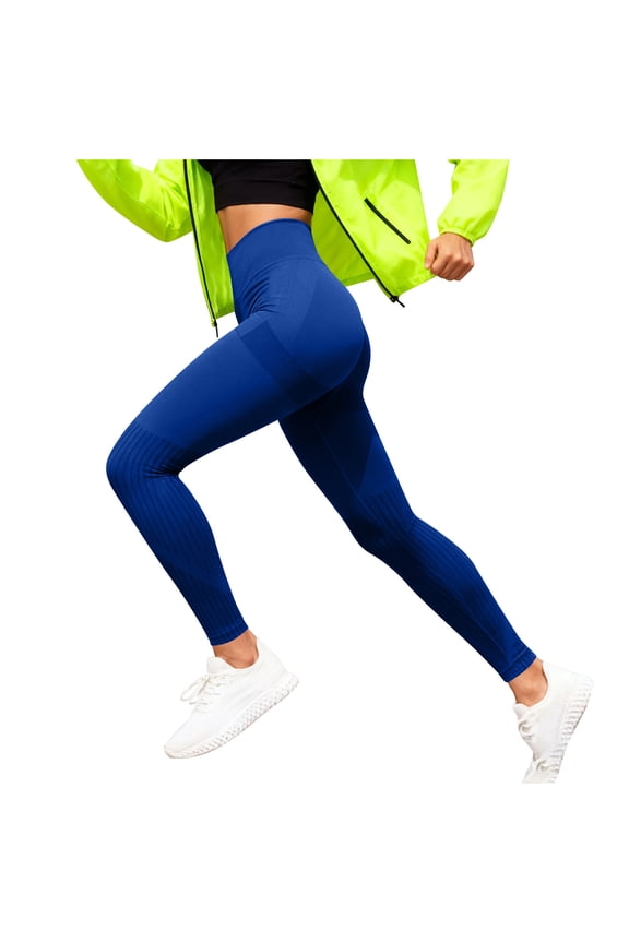 Women's High Waist Yoga Pants Tummy Control Workout Leggings with Vertical Ribbed Butt Lifting Design Gym Pants Blue L