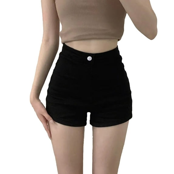 Uaswgudfs Women's High-Waisted Denim Shorts - Single Button & Pocket Accents with 4-5” Inseam for Casual Chic Black XS