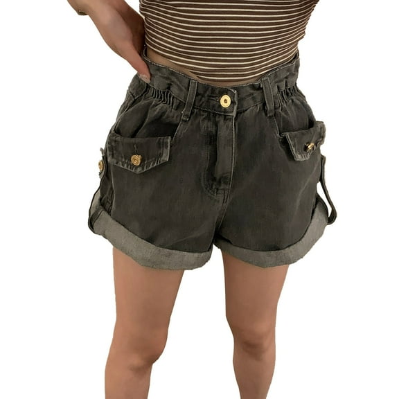 Uaswgudfs Women's High-Waisted Jean Shorts with Cuff Hem & Decorative Pockets - Stretch Fit 4” Inseam Trendy Casual Style Black XL