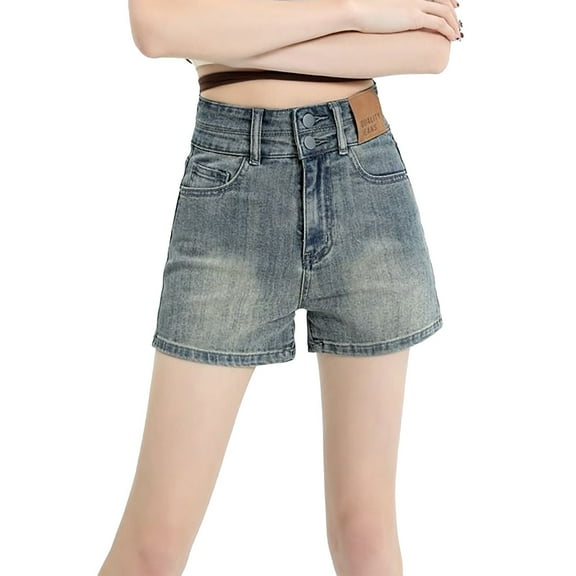 Uaswgudfs Women's High-Waisted Jean Shorts with Double Button Closure & Leather Patch - 3” Inseam Summer Casual Wear Blue XS