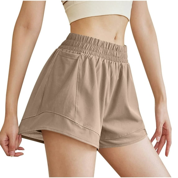 Uaswgudfs Women's High-Waisted Stretch Casual Shorts - Elastic Waistband & 5” Inseam for Sporty or Everyday Wear Khaki L
