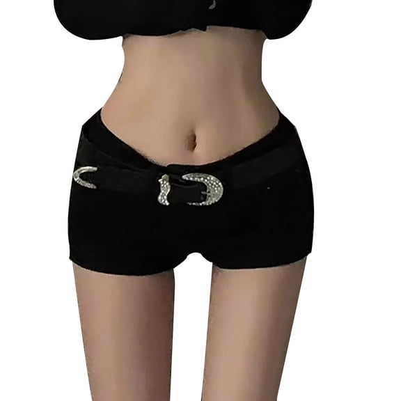Uaswgudfs Women's High-Waisted Stretch Jean Shorts with Decorative Buckle - 3” Inseam & Fitted Summer Casual Style Black L