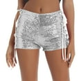 thumbnail image 1 of Uaswgudfs Women's High-Waisted Summer Shorts with Adjustable Drawstring - 4" Inseam Shiny Stretch Shorts for Running, Gym & Casual Wear Silver S, 1 of 7
